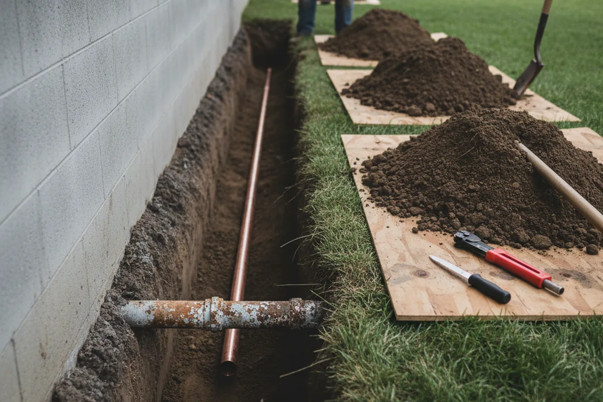 Excavated water line trench during Water Softener Installation in Hudson
